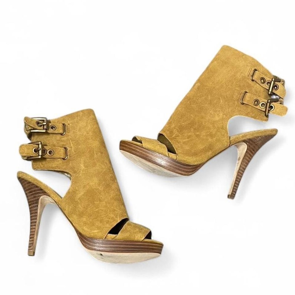 Tan COACH suede high heel peep toe sandals